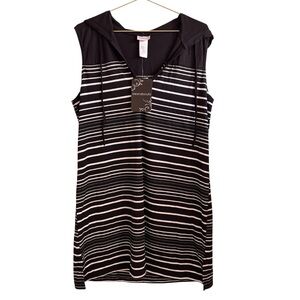 NWT Wearabouts Black and White Striped Sleeveless Long Tunic Vest W/ Hood